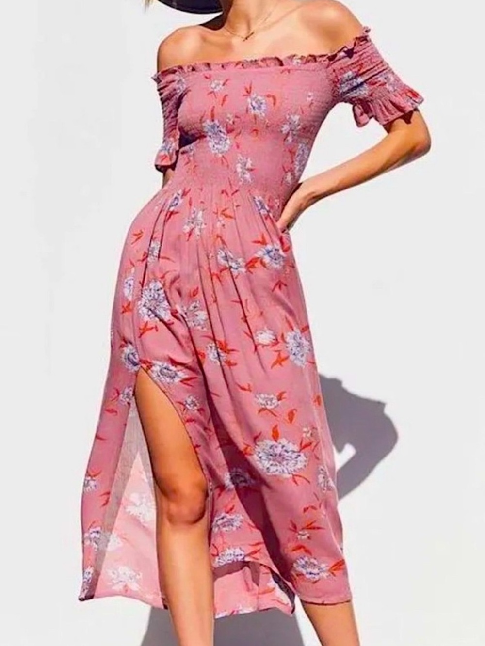 Urban Outfitters Pink Floral Strapless Midi Dress With A Slit